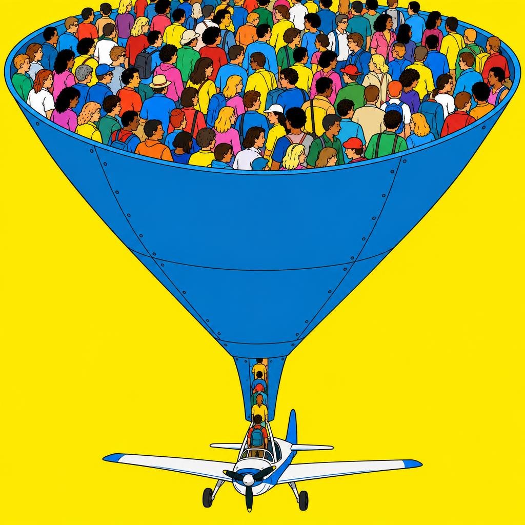 Ilustración: Un embudo enorme, ancho y lleno de gente diminuta arriba, que se estrecha hasta un pico donde espera una sola avioneta.