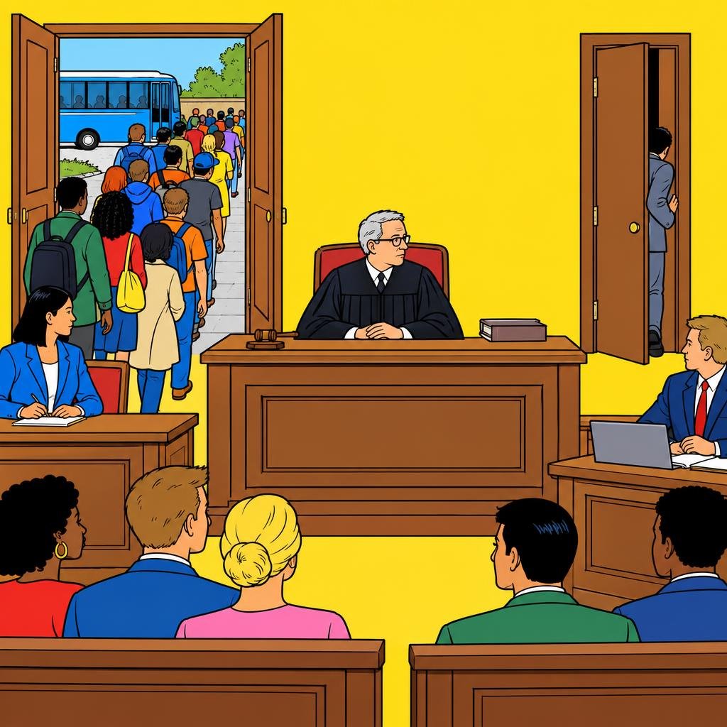 Ilustración: Una sala de tribunal con dos puertas tras el juez: una abierta de par en par, por donde una fila larga sale hacia un autobús, y otra apenas entreabierta por la que pasa una sola persona.