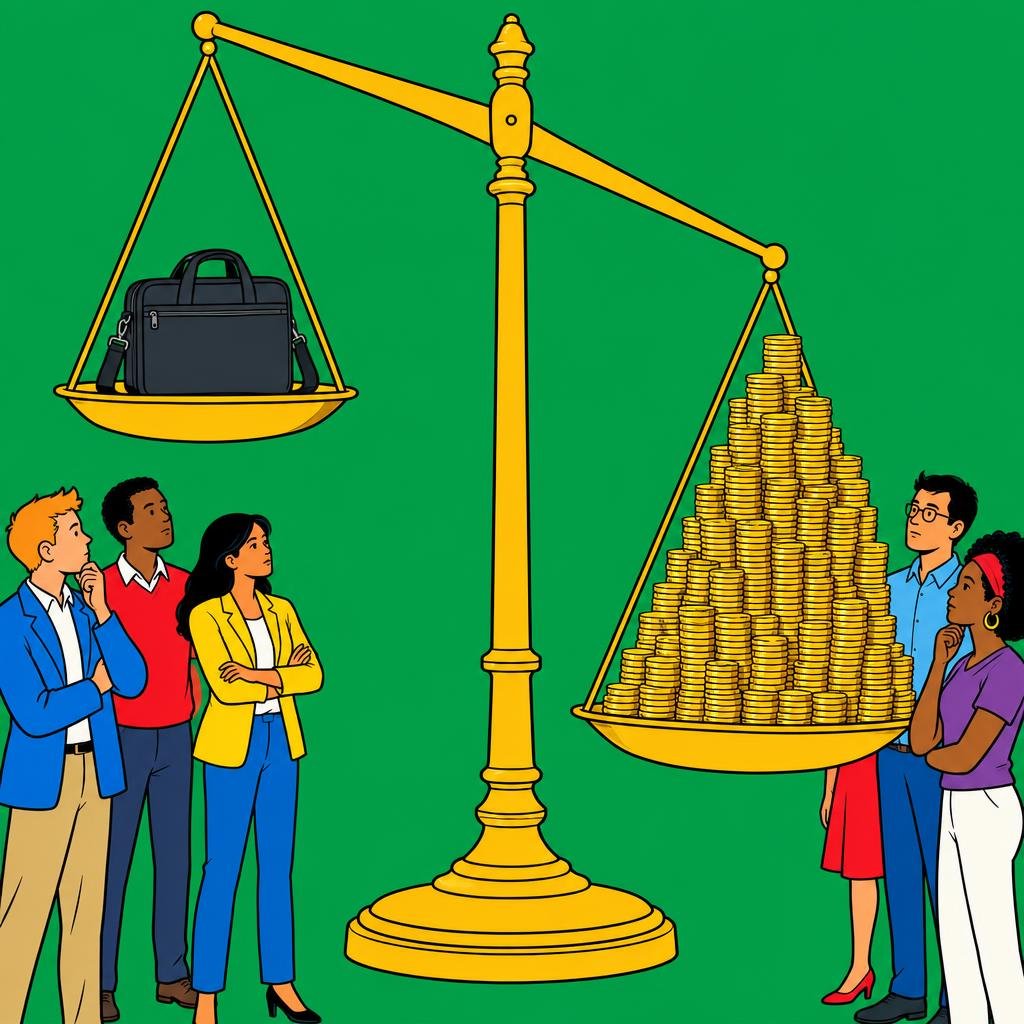 Ilustración: Un maletín de computadora en un plato de una balanza gigante, superado por una montaña de monedas de oro en el otro.