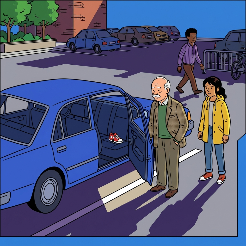 Ilustración: Un auto estacionado con la puerta del conductor abierta y un zapato pequeño de niño sobre el asiento trasero, con sombras largas de la tarde sobre el asfalto.