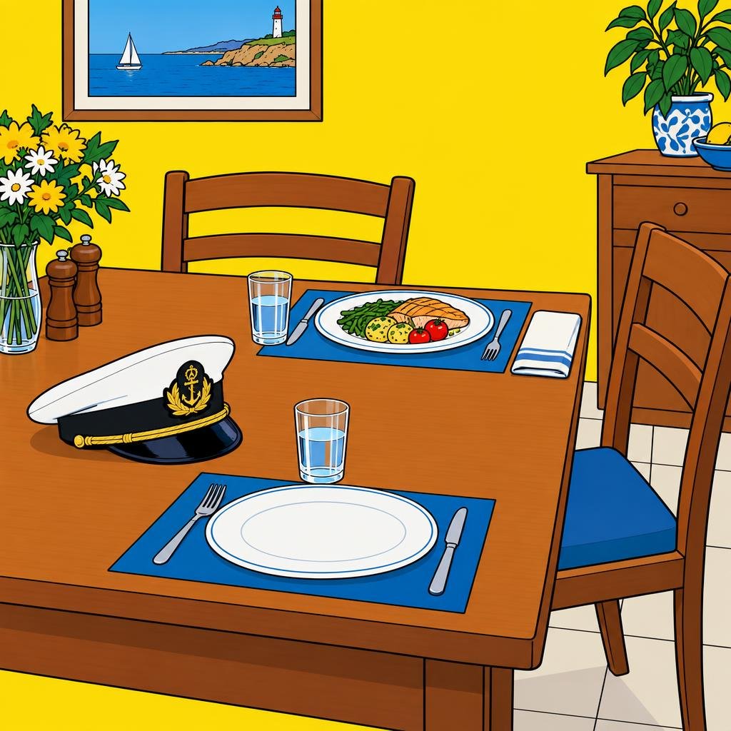 Ilustración: Una gorra blanca de oficial naval sobre una mesa de cocina puesta para dos, con una silla apartada y un plato sin tocar.