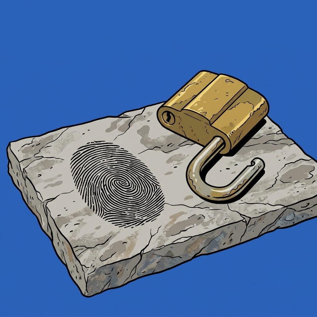 Ilustración: Una huella digital entintada sobre una losa de piedra lisa, con un candado pesado abierto a su lado.