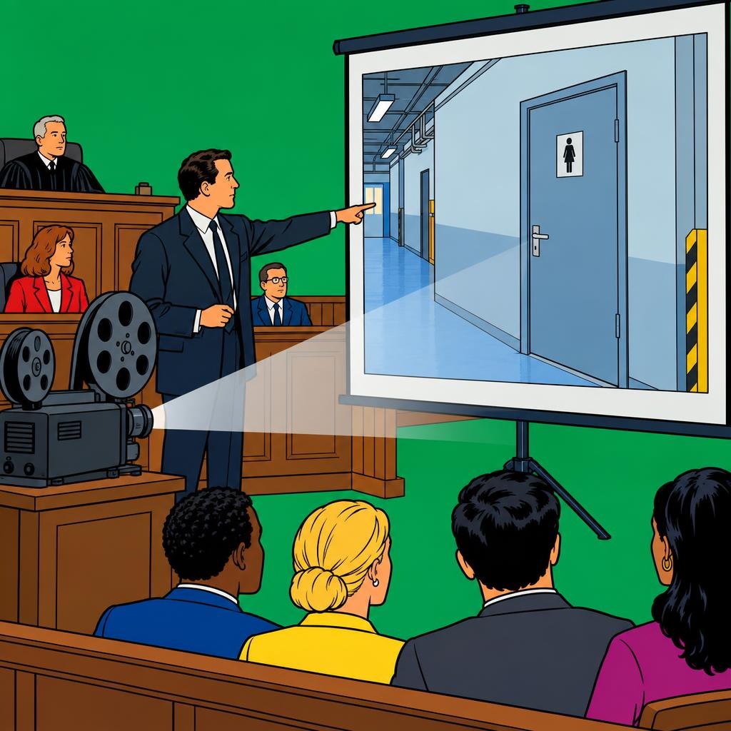 Ilustración: En una sala de tribunal en penumbra, un proyector muestra en la pantalla la puerta cerrada de un baño de fábrica; un abogado la señala.
