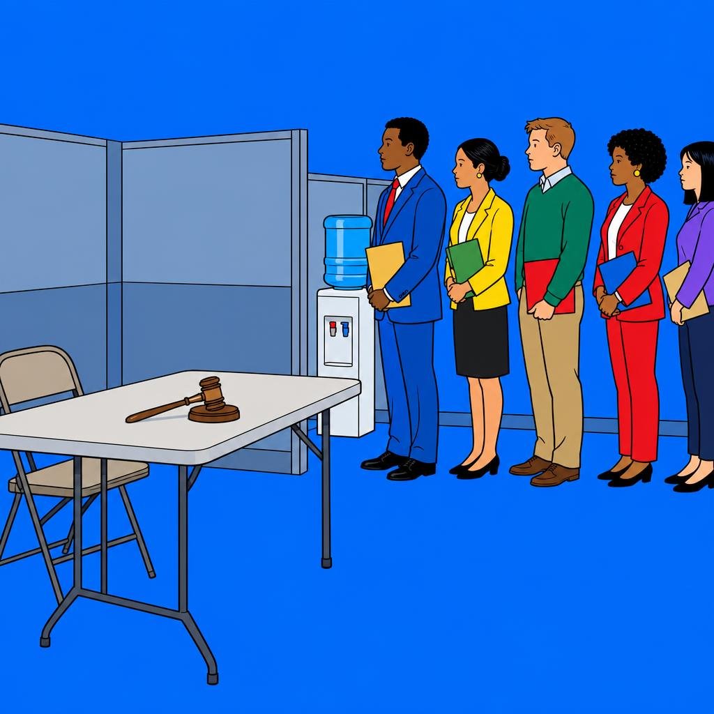 Ilustración: Un mazo de juez sobre una mesa plegable en un cubículo de oficina vacío, y una fila de personas con carpetas junto a un dispensador de agua.