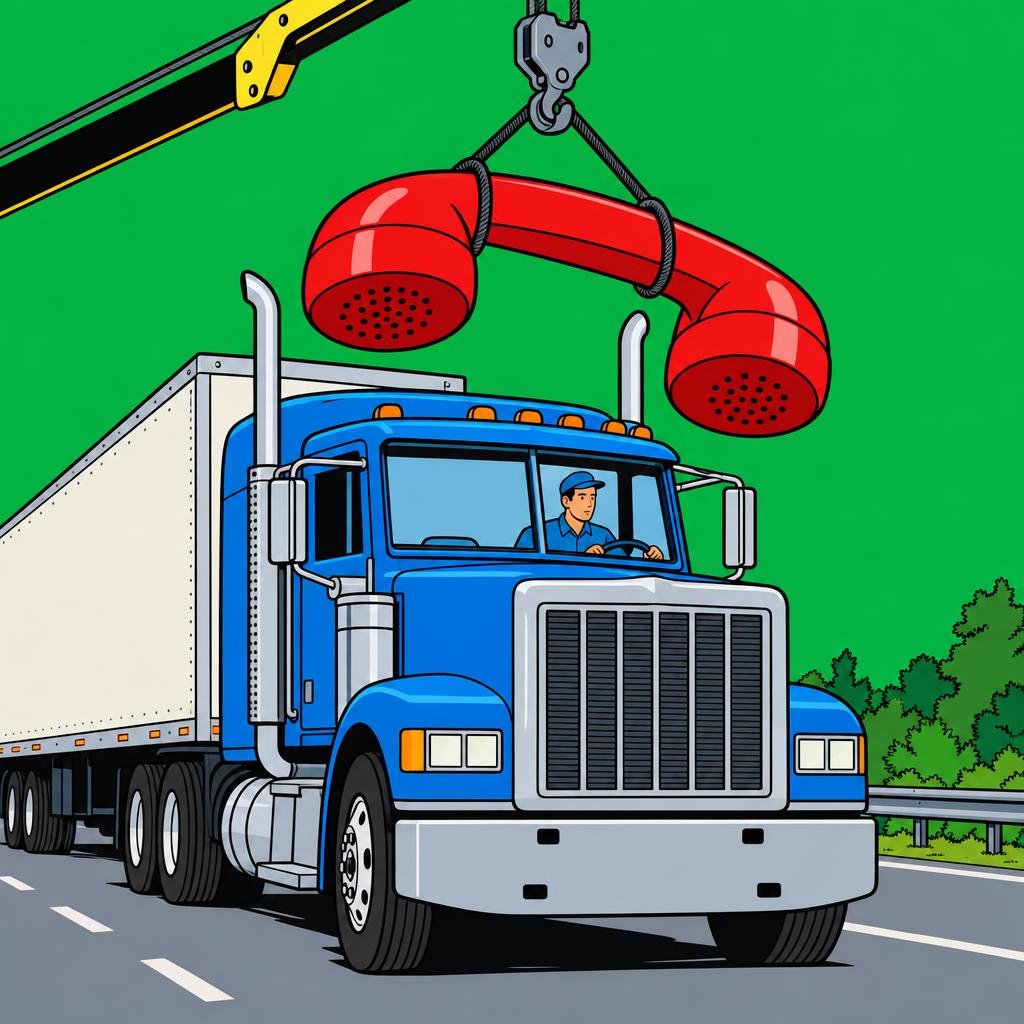 Ilustración: Un camión de carga en la carretera con un enorme auricular de teléfono antiguo colgando sobre la cabina como el gancho de una grúa.
