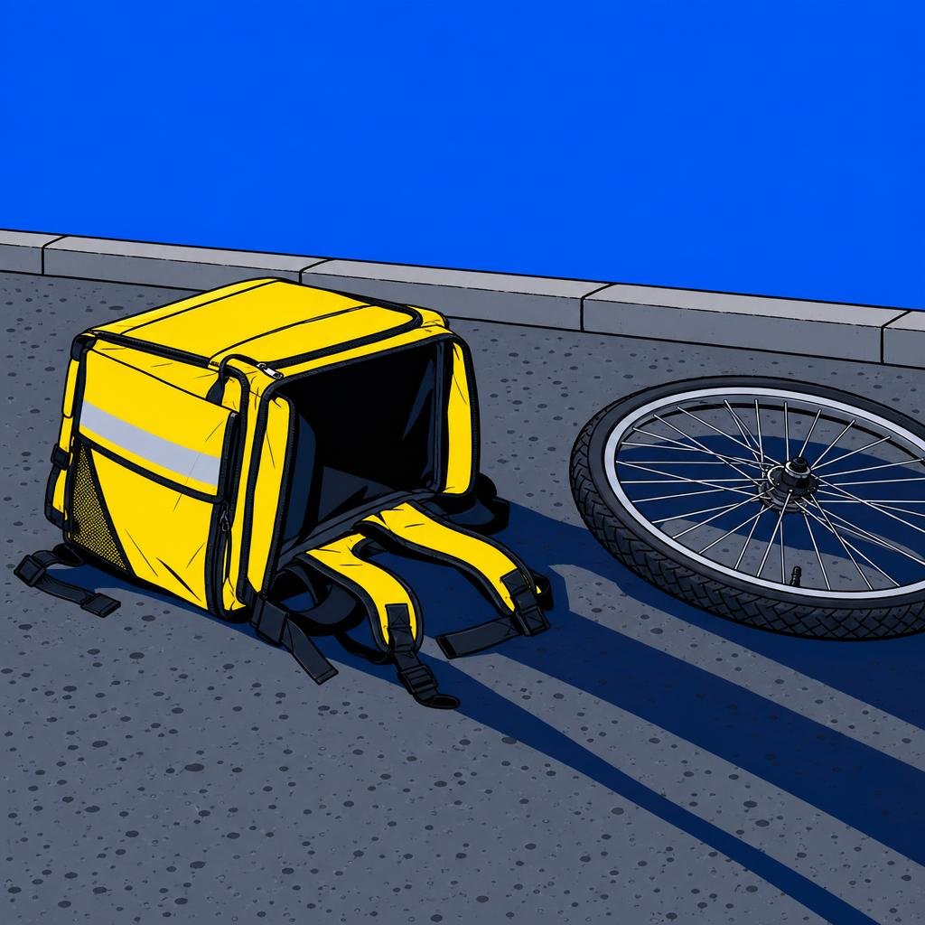 Ilustración: Una mochila de reparto vacía sobre el asfalto junto a la rueda de una bicicleta, con sombras largas al atardecer.
