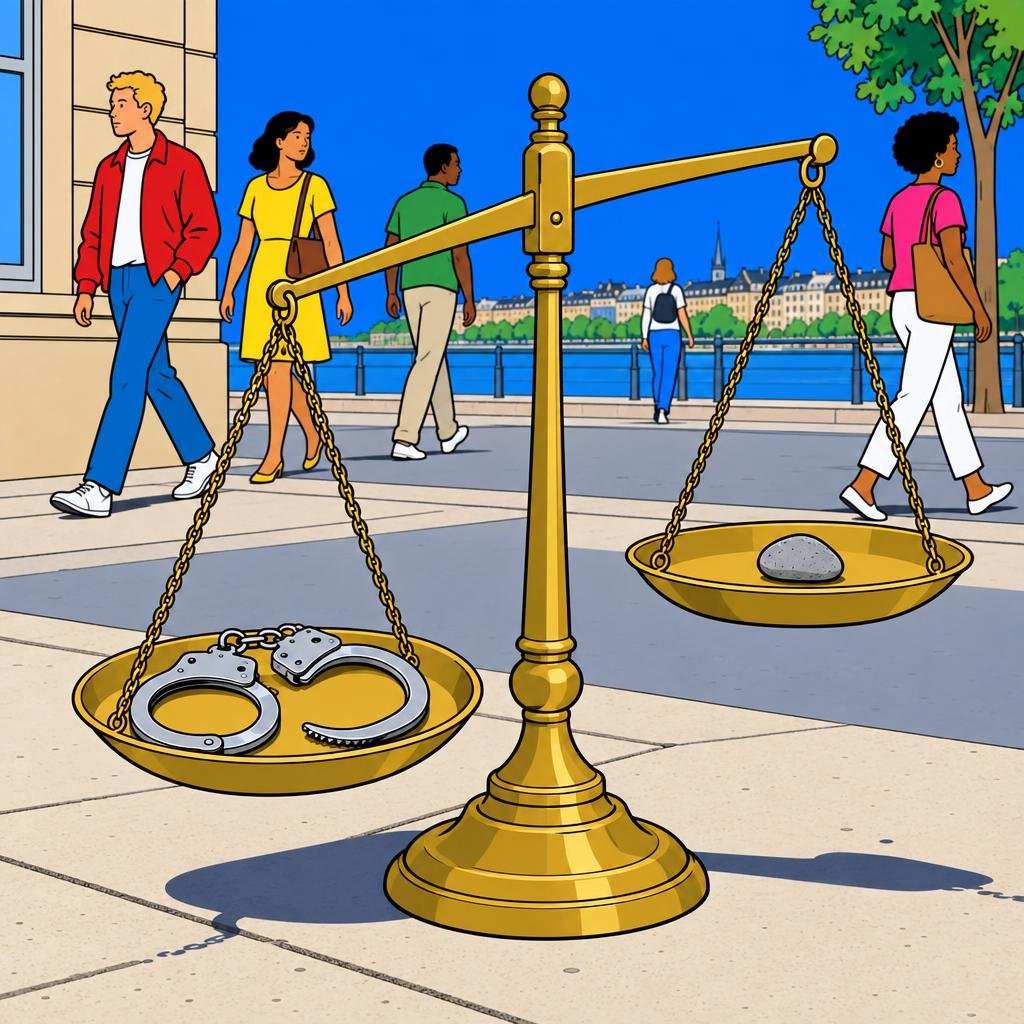 Ilustración: Unas esposas abiertas sobre el platillo de una balanza de bronce, con una piedra lisa en el otro platillo, sobre una acera soleada.