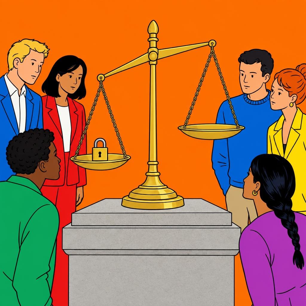 Ilustración: Una balanza de bronce sobre un pedestal de piedra, con un candado cerrado en un platillo y el otro platillo vacío y levantado.