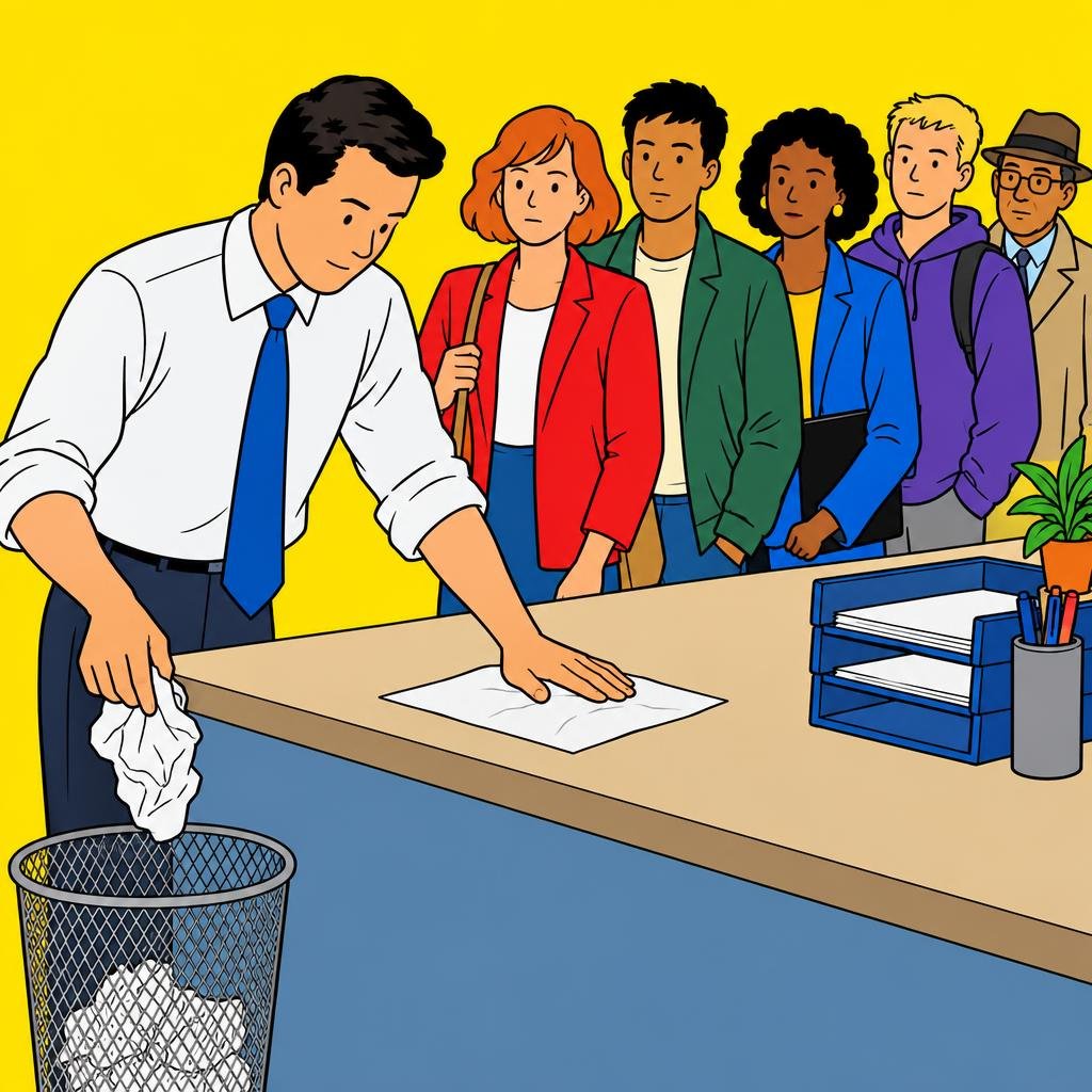 Ilustración: Un empleado saca del cesto de basura una hoja arrugada y la alisa sobre el mostrador, ante una fila de solicitantes.