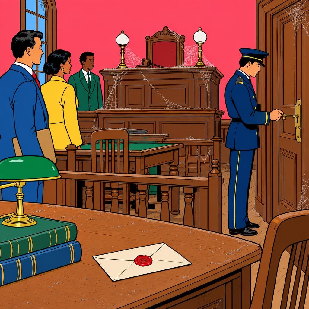 Ilustración: Una sala de tribunal polvorienta con telarañas en el estrado, una llave antigua girando en la cerradura y un sobre con sello de cera roja sobre el escritorio.