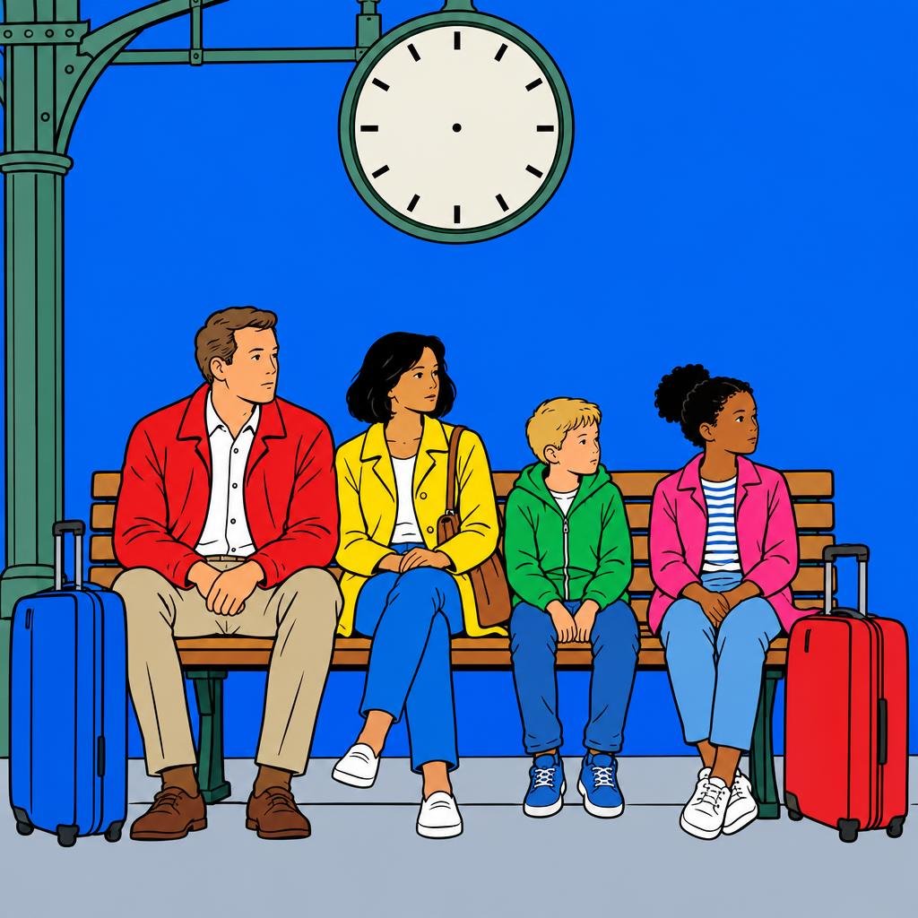 Ilustración: Una familia con maletas sentada en una banca bajo un gran reloj de estación sin manecillas.