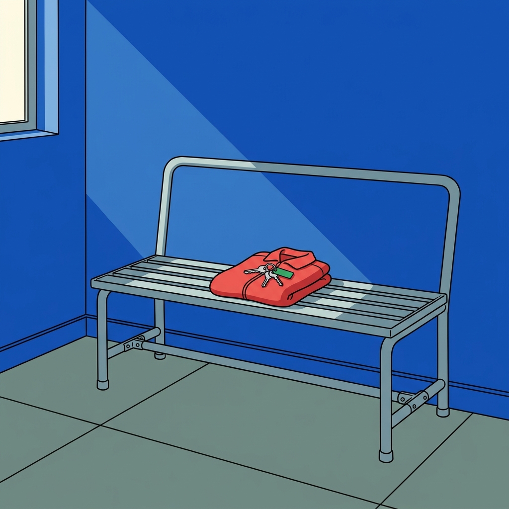 Ilustración: Una banca de metal vacía en un cuarto desnudo, con unas llaves de casa y una chaqueta doblada bajo un haz de luz.