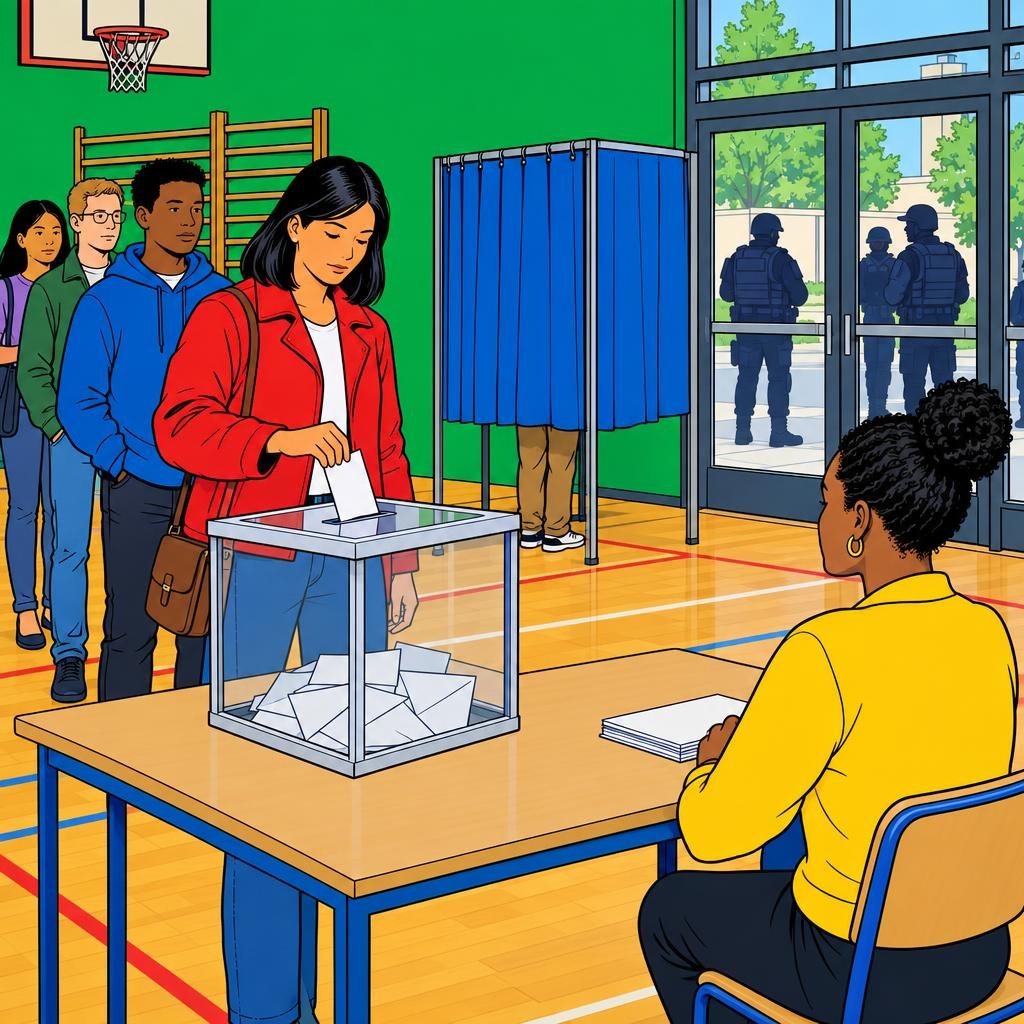 Ilustración: Una urna sobre una mesa en el gimnasio de una escuela junto a una casilla con cortina; tras las puertas de vidrio, siluetas de agentes con chalecos tácticos.