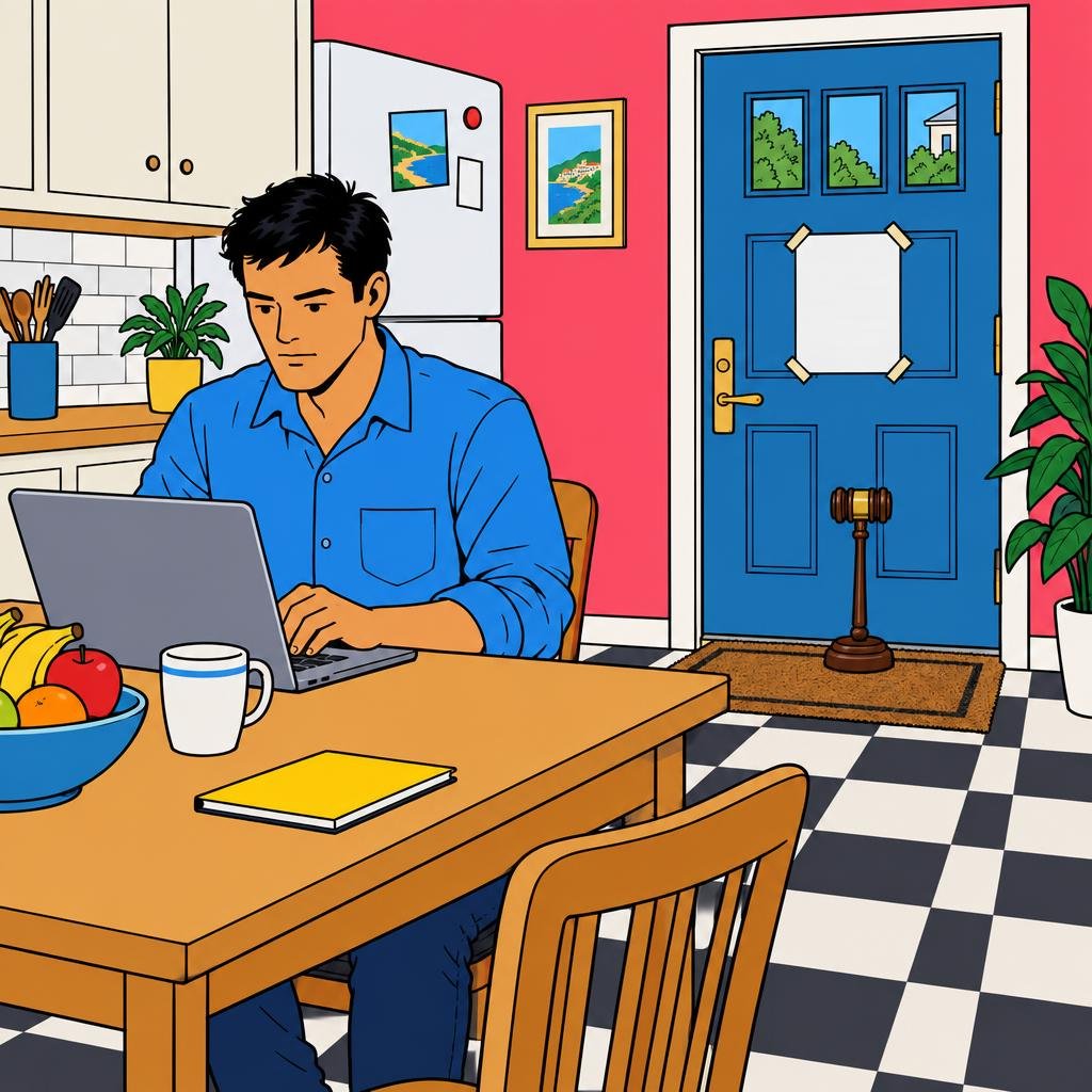 Ilustración: Un hombre escribe en su computadora portátil en la mesa de la cocina; detrás, un aviso pegado en la puerta y un mazo de juez de pie sobre el tapete, como un guardia.