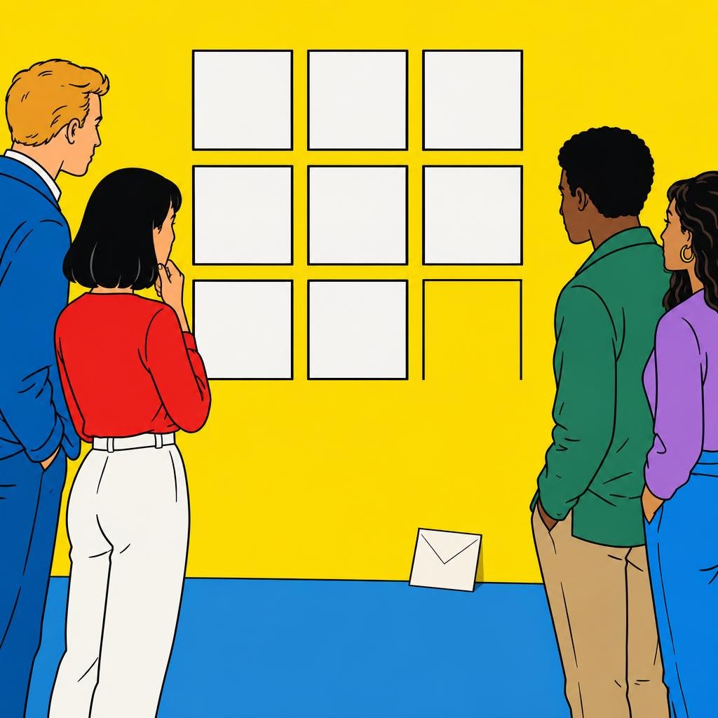 Ilustración: Una cuadrícula de casillas vacías en una pared, con la última casilla faltante y un sobre de papel recostado debajo.