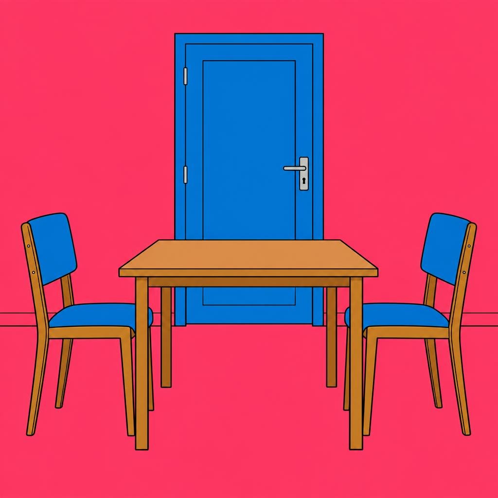 Ilustración: Dos sillas vacías, una frente a la otra a los lados de una mesa desnuda, con una puerta cerrada detrás.