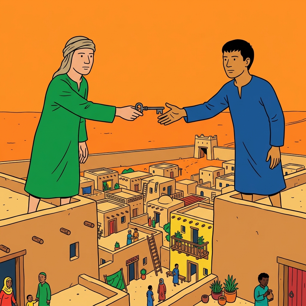 Ilustración: Una llave de hierro pasa de una mano a otra sobre los techos planos de un complejo amurallado en el desierto.