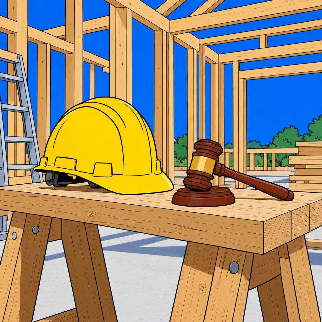 Ilustración: Un casco de obra sobre un caballete de madera dentro de una estructura a medio construir, con un mazo de juez a su lado.