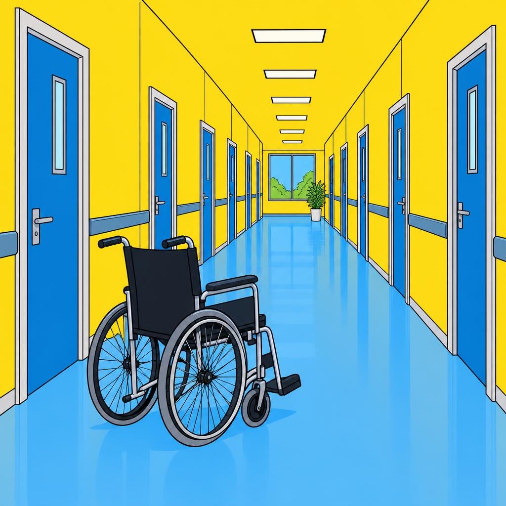 Ilustración: Una silla de ruedas vacía en un pasillo largo y desierto, flanqueado por puertas cerradas.