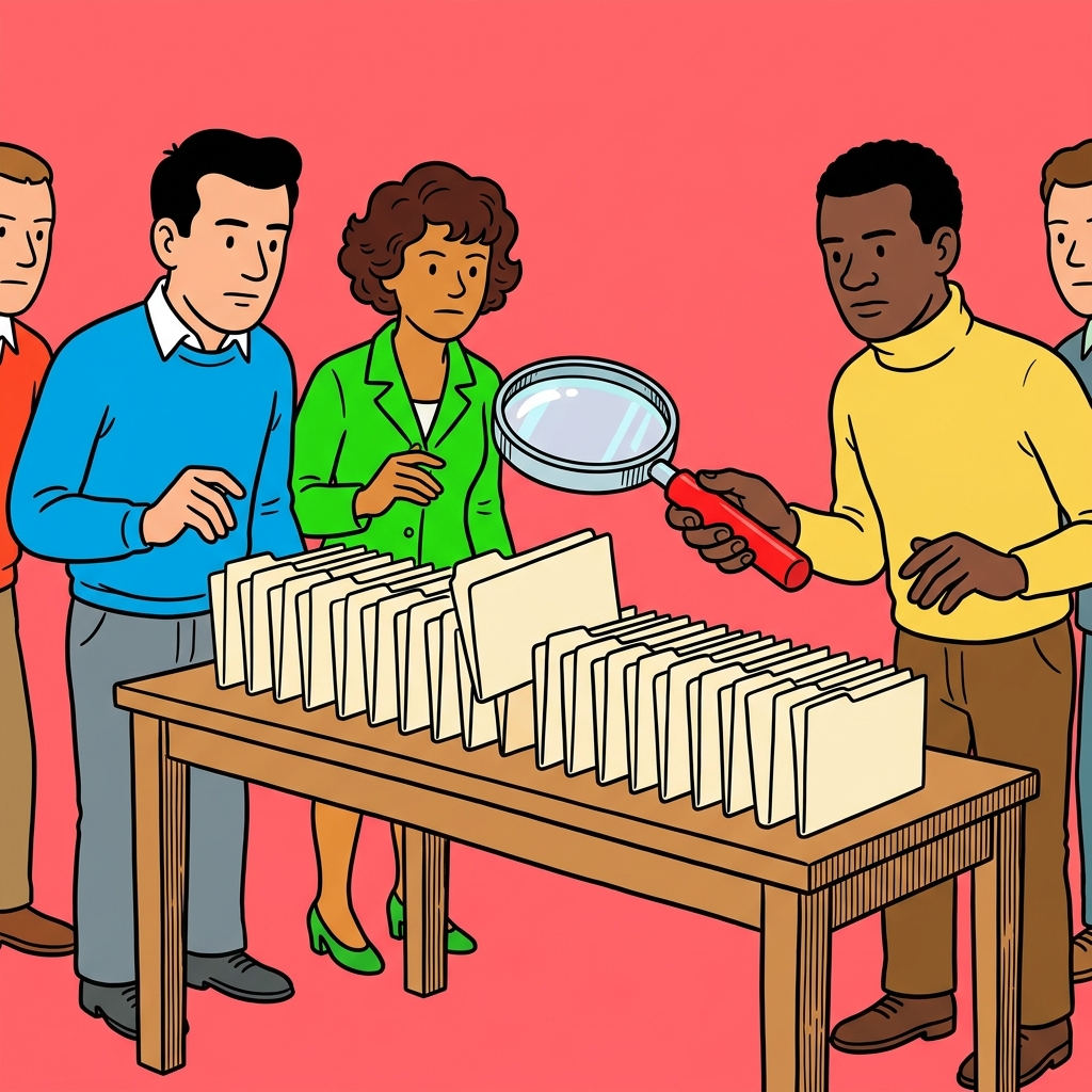 Ilustración: Una lupa sobre una fila larga de carpetas pequeñas en una mesa, con una carpeta ligeramente levantada fuera de lugar.