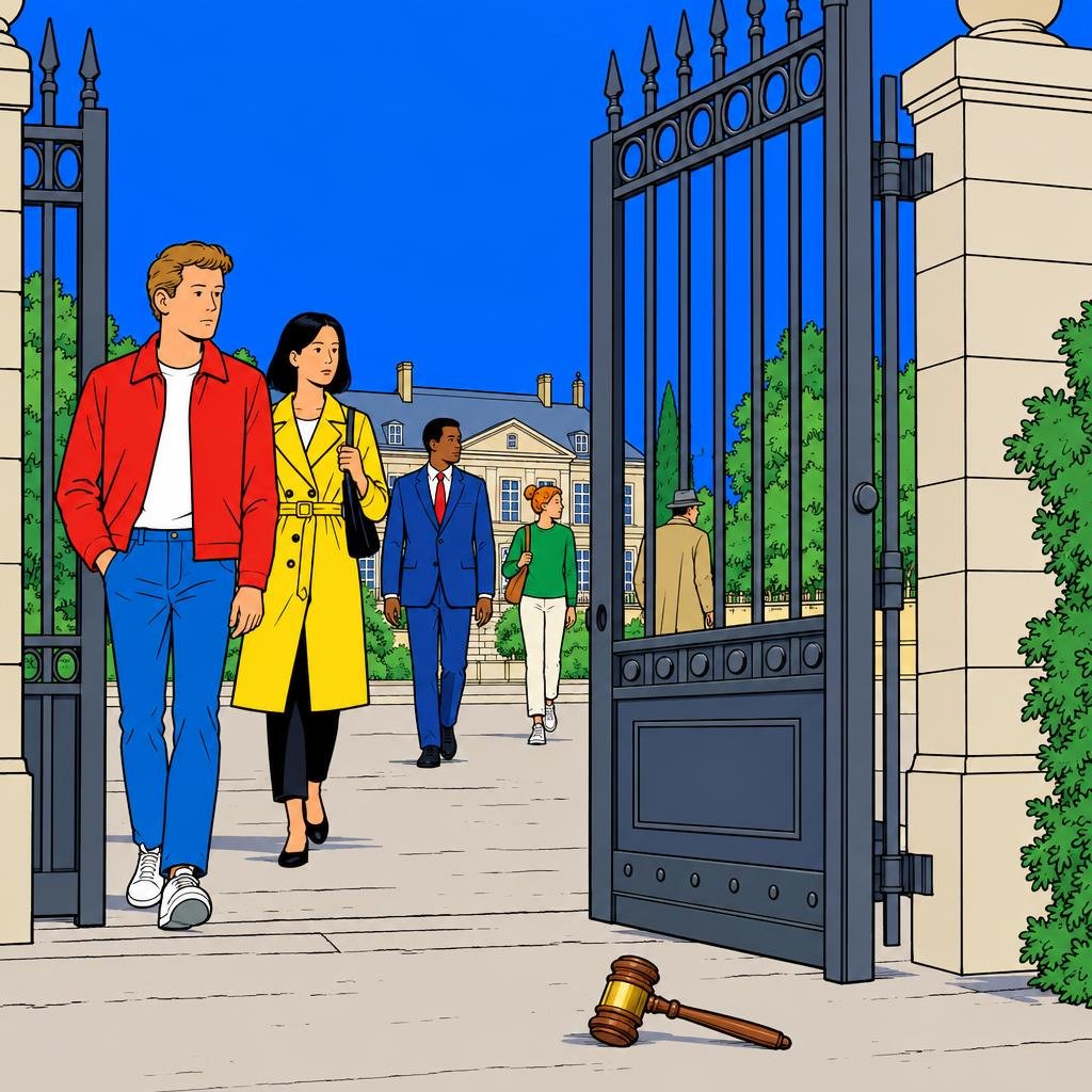 Ilustración: Una puerta de hierro entreabierta con un mazo de juez tirado en el suelo frente a ella.