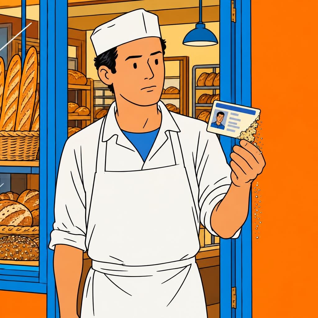 Ilustración: Un panadero en la puerta de su panadería sostiene una credencial que se deshace en arena por una esquina.