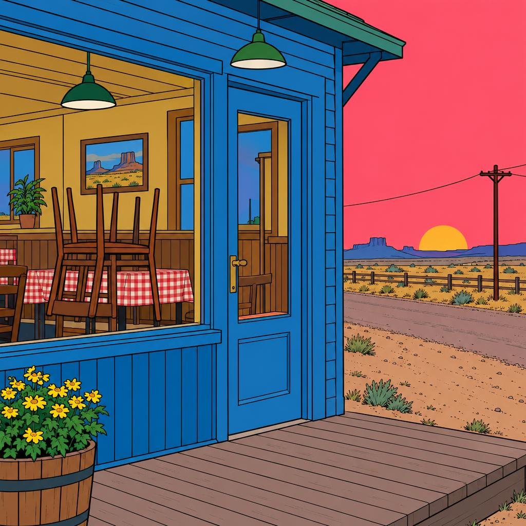 Ilustración: La puerta cerrada de un restaurante con dos sillas volteadas sobre una mesa, vista desde una calle vacía al atardecer.
