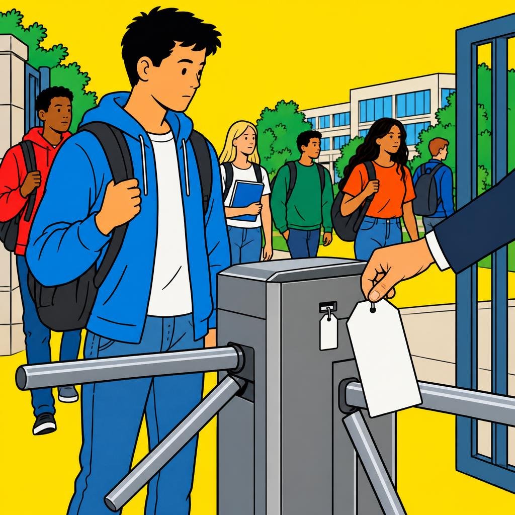 Ilustración: Un estudiante con mochila detenido en el torniquete de la entrada de una universidad, mientras una mano con manga de traje cambia la etiqueta de precio por una mucho más grande.
