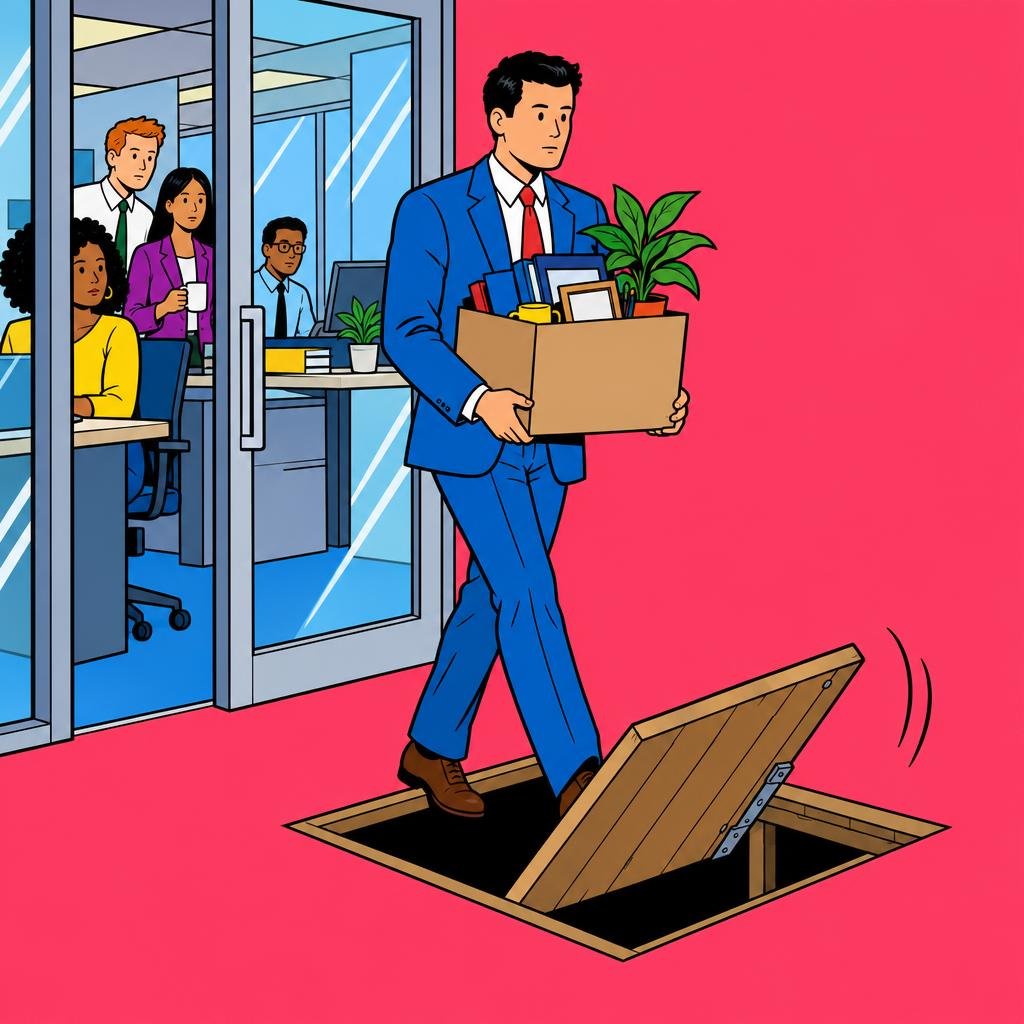 Ilustración: Un oficinista sale por una puerta de vidrio con una caja de sus pertenencias y pisa una trampilla que se abre bajo sus pies.