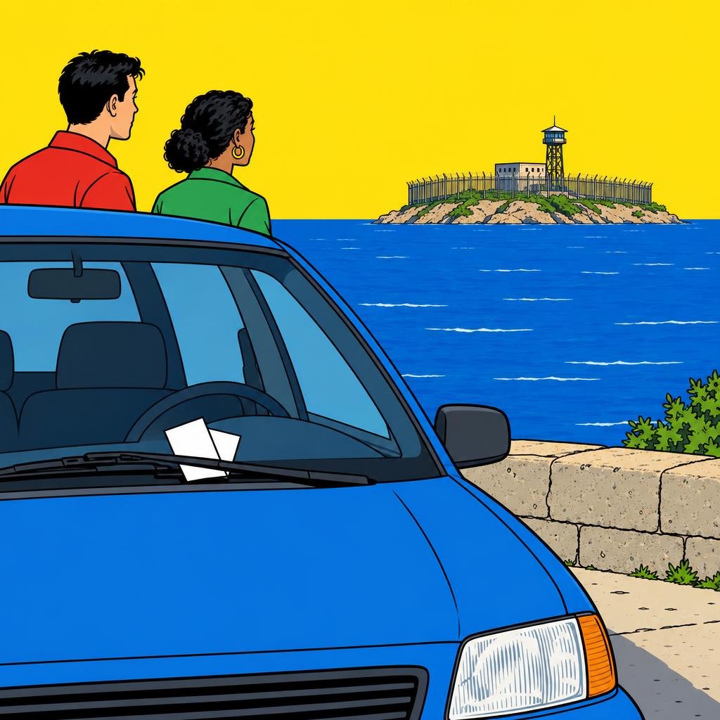 Ilustración: Dos papelitos bajo el limpiaparabrisas de un auto estacionado y, al otro lado del mar, una isla pequeña rodeada por una cerca alta y una torre de vigilancia.