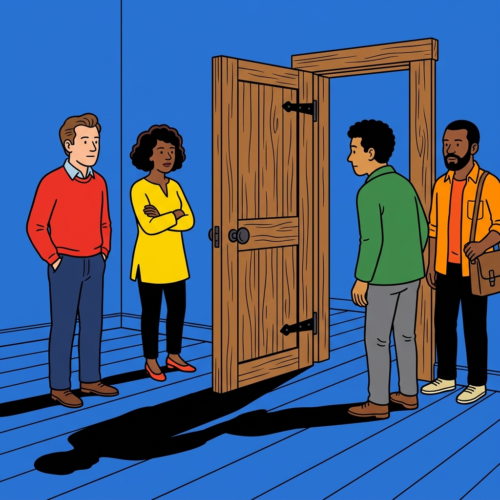 Ilustración: Una puerta de madera sola en un cuarto vacío que se vuelve a abrir, con una sombra larga sobre el piso.