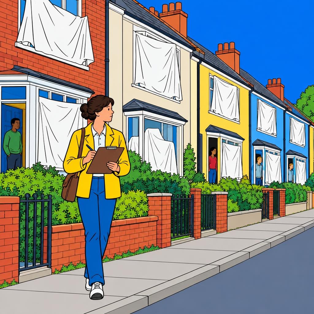 Ilustración: Una encuestadora del censo camina con su tabla frente a una hilera de casas, varias cubiertas con sábanas blancas.