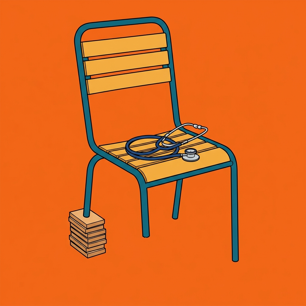Ilustración: Un estetoscopio enrollado sobre una silla vacía de sala de espera, con una de las patas delanteras sustituida por una pila de bloques delgados de madera.