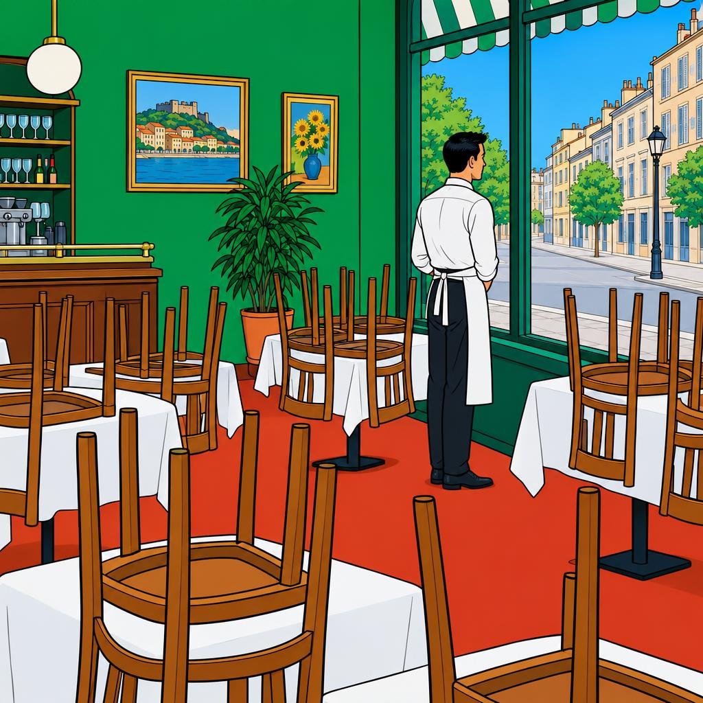 Ilustración: Un restaurante vacío con las sillas sobre las mesas y un mesero solo que mira por la ventana una calle desierta.