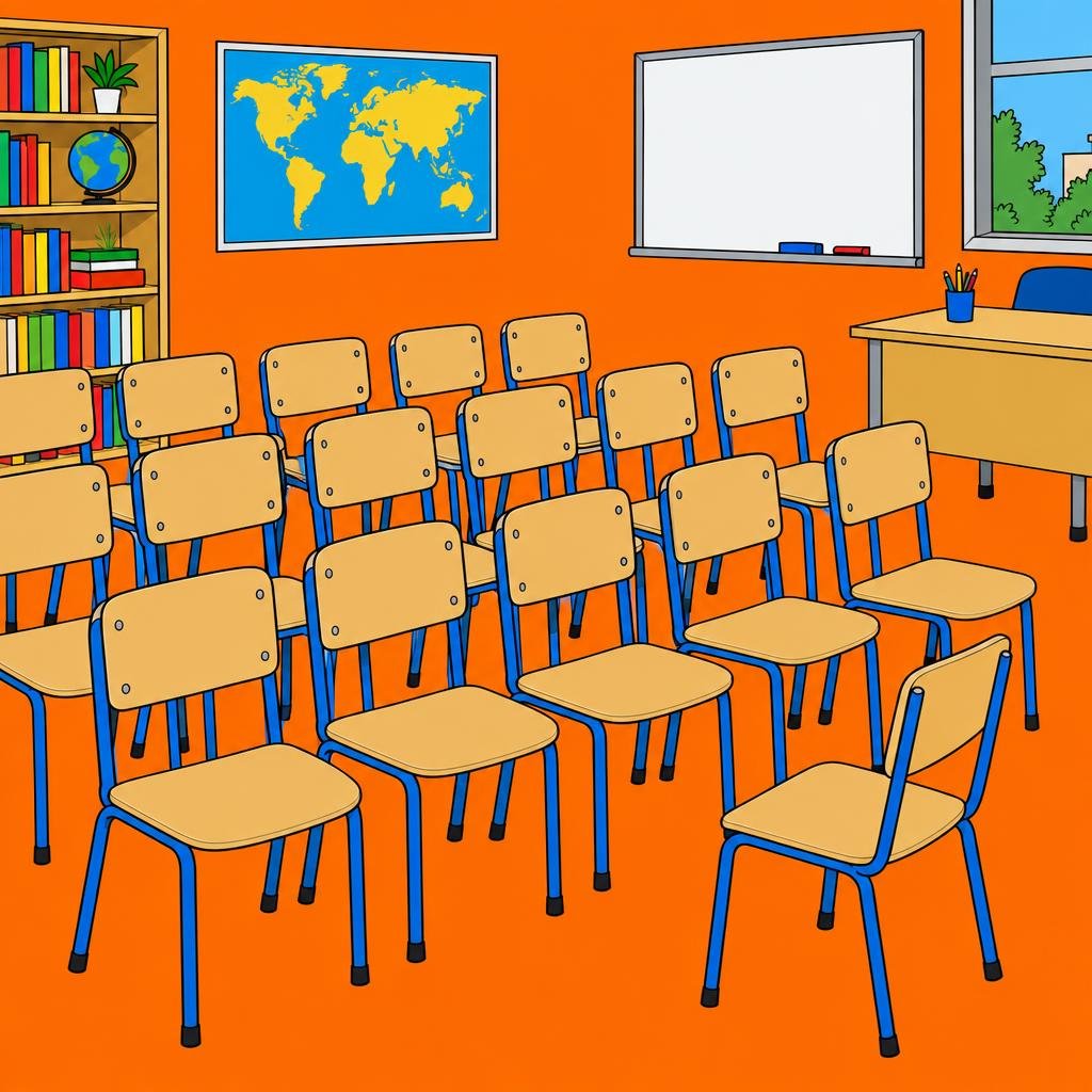 Ilustración: Filas de sillas pequeñas y vacías en un salón de clases iluminado, con una silla apartada del resto.