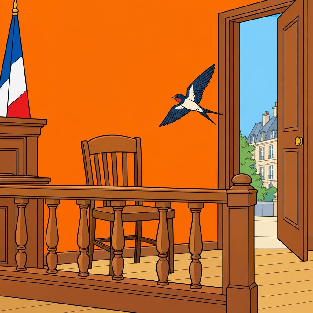 Ilustración: Una silla de madera vacía detrás de una baranda baja, y un pájaro que vuelve volando por una puerta abierta.