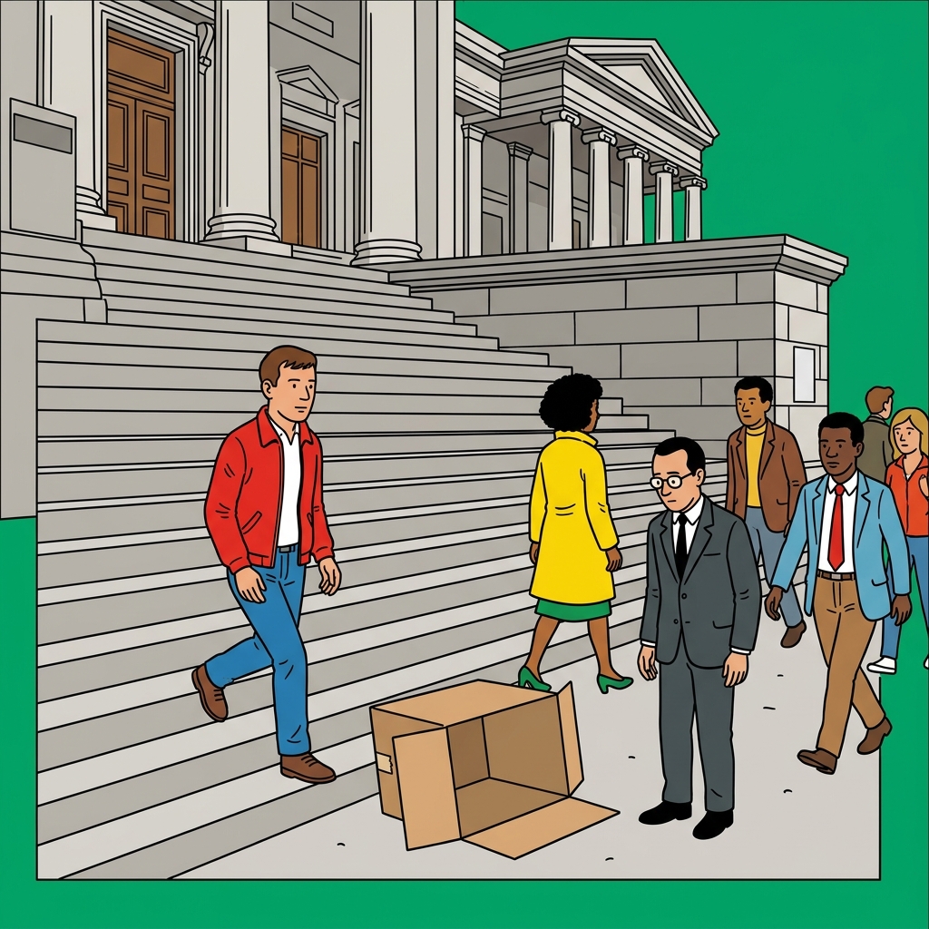 Ilustración: Una caja de cartón vacía y volcada al pie de unas escaleras altas de piedra de un tribunal.