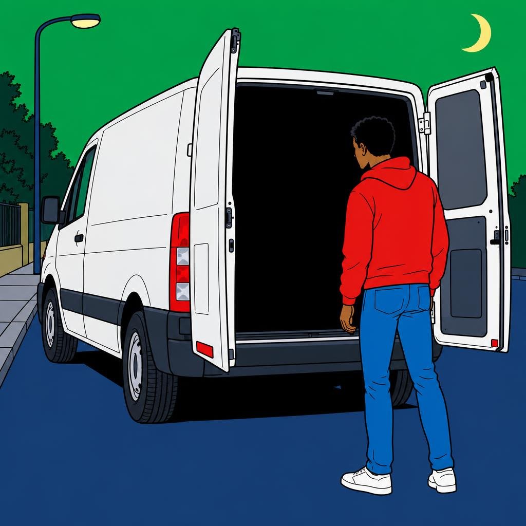 Ilustración: Una camioneta sin ventanas estacionada sola en una calle vacía de noche, con las puertas traseras abiertas hacia la oscuridad.