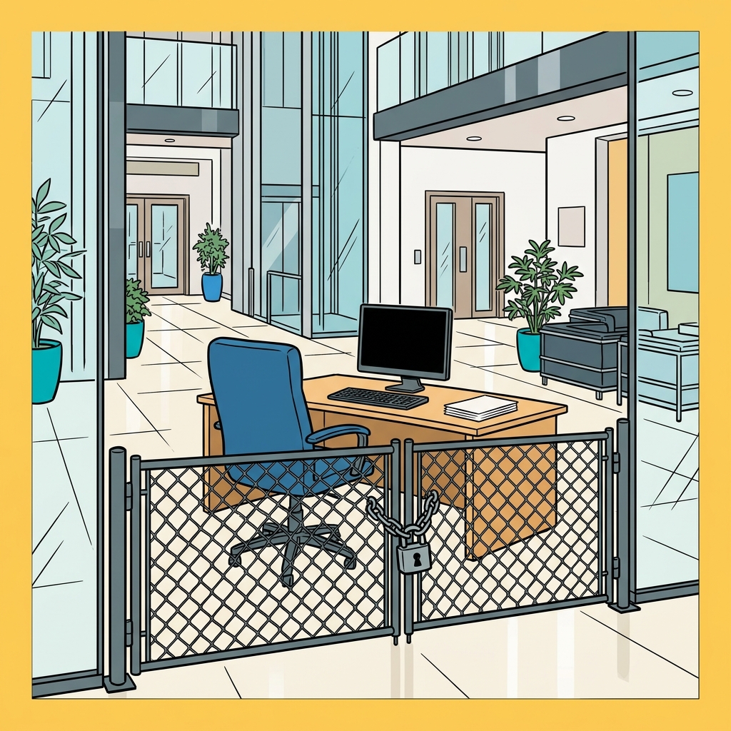 Ilustración: Una reja de alambre cerrada con candado atravesando el piso pulido de un vestíbulo corporativo, con una silla de escritorio vacía detrás.