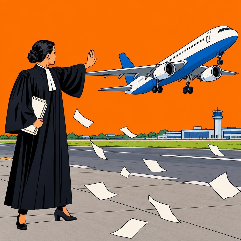 Ilustración: Un avión despega mientras una jueza con toga, de pie en la pista, levanta la mano en señal de alto y los papeles vuelan con el viento.