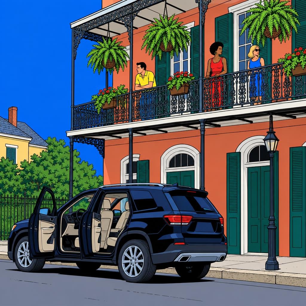 Ilustración: Un balcón de hierro forjado del Barrio Francés con helechos colgantes; abajo, una camioneta oscura con las puertas abiertas en una calle vacía.