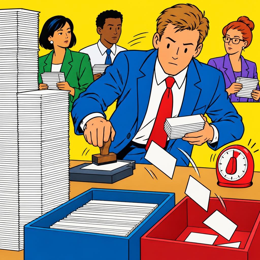 Ilustración: Un empleado sella a toda prisa una torre de tarjetas mientras un temporizador de cocina corre a su lado y algunas tarjetas caen en la bandeja equivocada.
