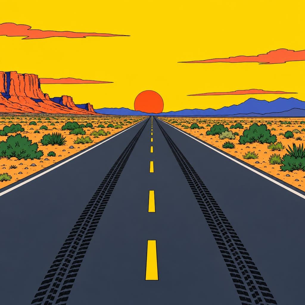 Ilustración: Una carretera larga y vacía al atardecer con dos huellas de llantas que avanzan lado a lado hacia el horizonte.