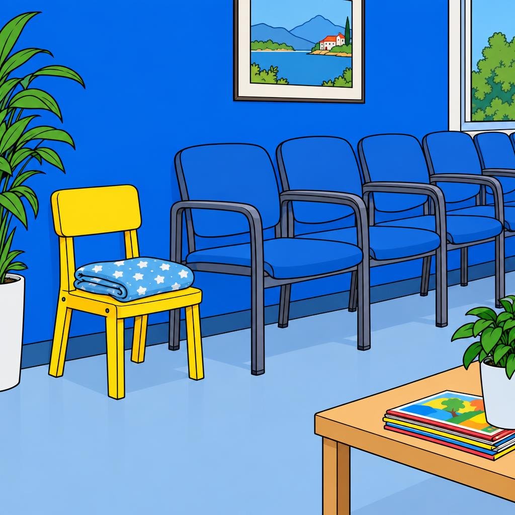 Ilustración: Una silla infantil vacía junto a una cobija doblada en una sala de espera, con una fila de sillas sin ocupar detrás.