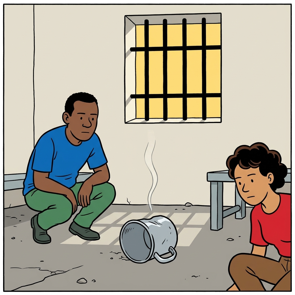 Ilustración: Un vaso de metal abollado y volcado sobre un piso de concreto, debajo de una ventana alta con barrotes, con el aire caliente ondulando encima.