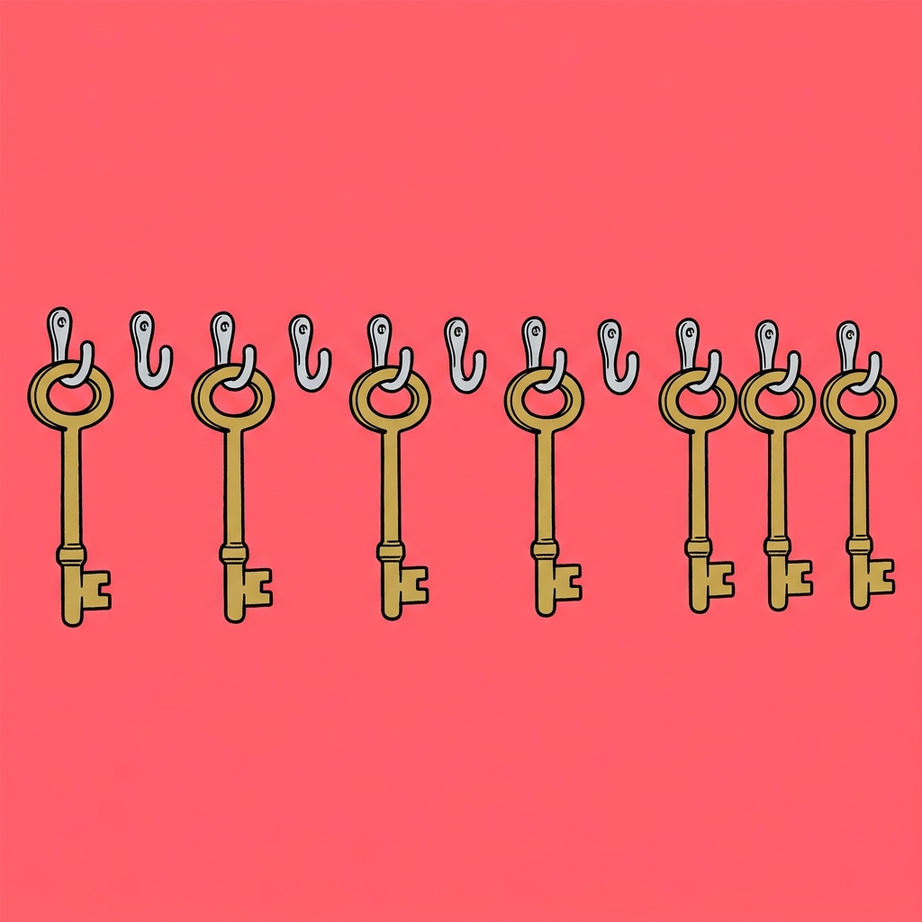Ilustración: Una fila de llaves iguales colgadas en ganchos pequeños, con varios ganchos vacíos.