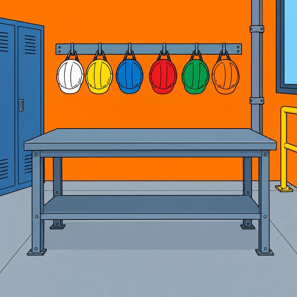 Ilustración: Una mesa de trabajo de acero vacía en una sala industrial fría, con una fila de cascos colgados sin usar detrás.