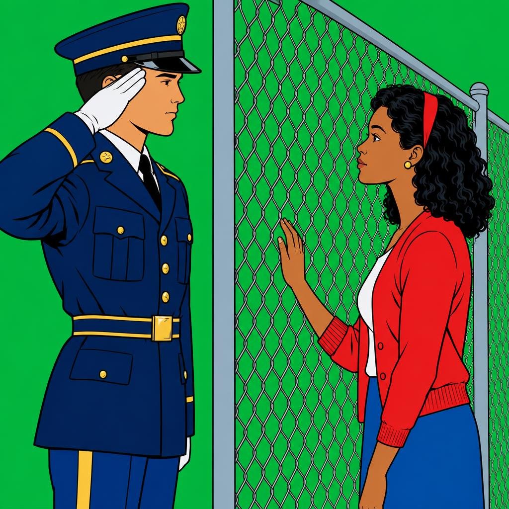 Ilustración: Un militar con uniforme de gala saluda de un lado de una cerca de malla; del otro lado, su esposa apoya la mano en el alambre.