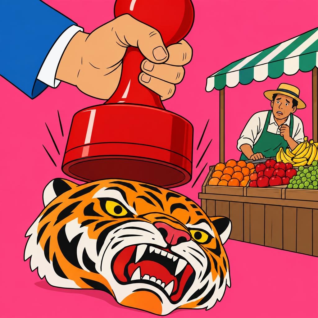 Ilustración: Un sello rojo gigante cae sobre una máscara de tigre, mientras un vendedor de frutas mira con preocupación desde su puesto.