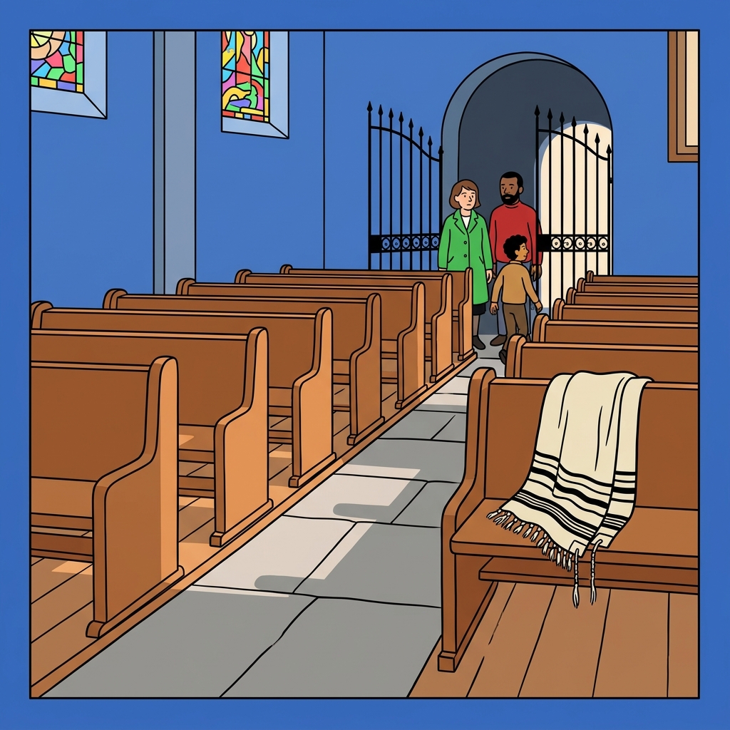 Ilustración: Filas de bancas de madera vacías en una iglesia, con un manto de oración doblado sobre la última banca y una reja de hierro abierta al final del pasillo.
